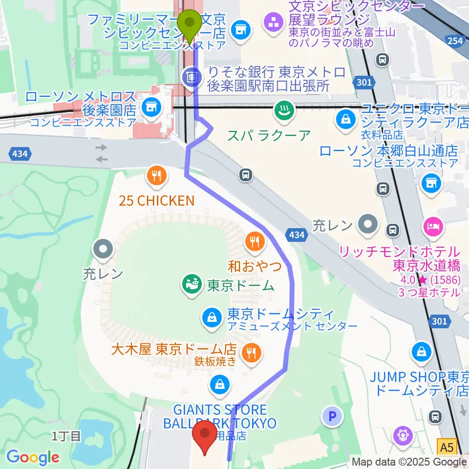 後楽園駅から後楽園ホールへのルートマップ地図