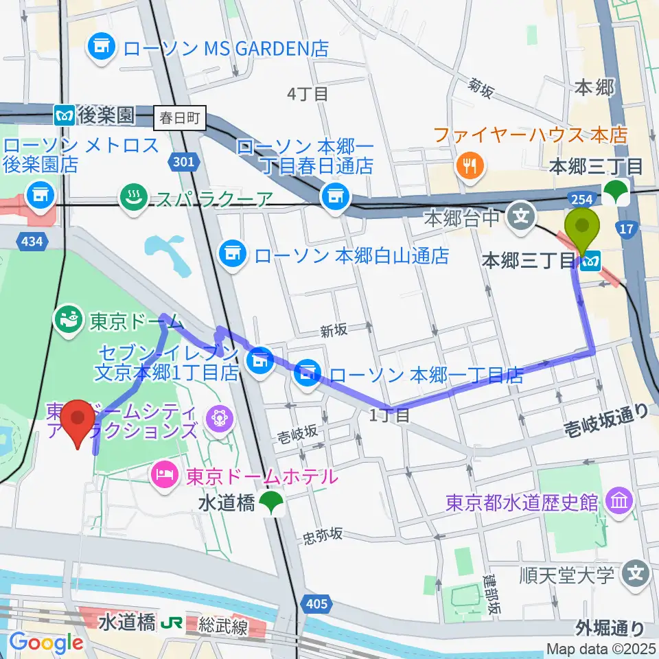 本郷三丁目駅から後楽園ホールへのルートマップ地図