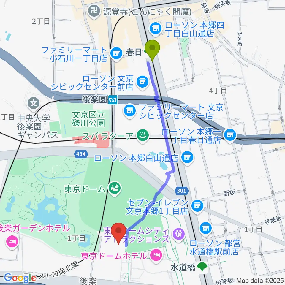 春日駅から後楽園ホールへのルートマップ地図