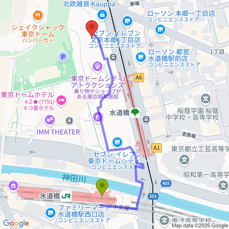 シアターGロッソの最寄駅水道橋駅からの徒歩ルート（約5分）地図