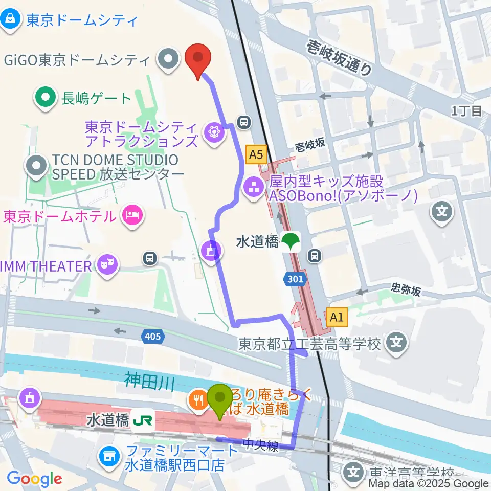 シアターGロッソの最寄駅水道橋駅からの徒歩ルート（約5分）地図