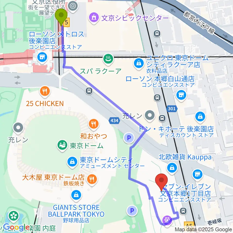 後楽園駅からシアターGロッソへのルートマップ地図