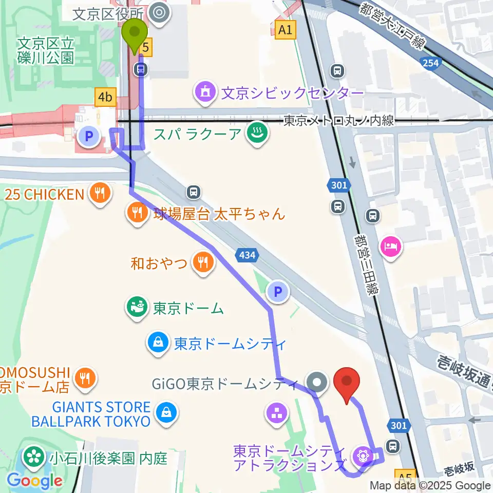 後楽園駅からシアターGロッソへのルートマップ地図