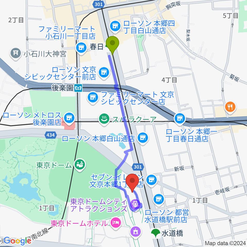 春日駅からシアターGロッソへのルートマップ地図