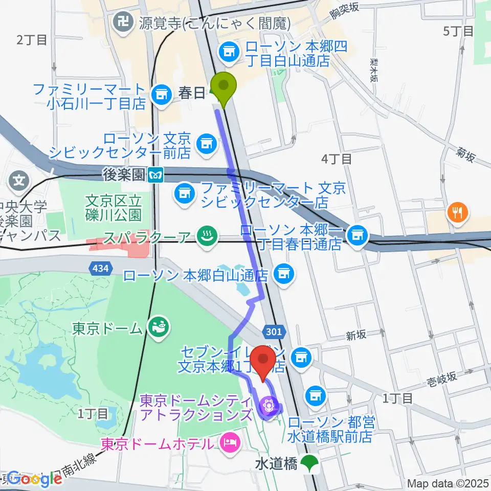 春日駅からシアターGロッソへのルートマップ地図