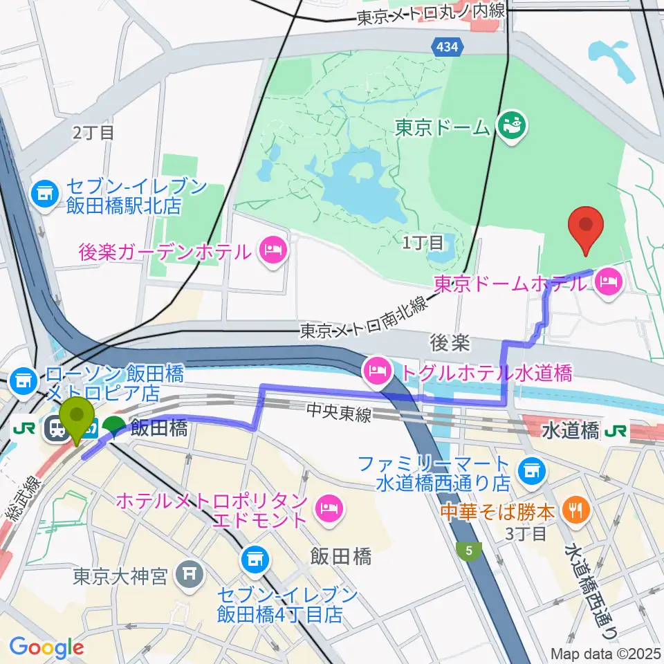 飯田橋駅から東京ドームシティプリズムホールへのルートマップ地図