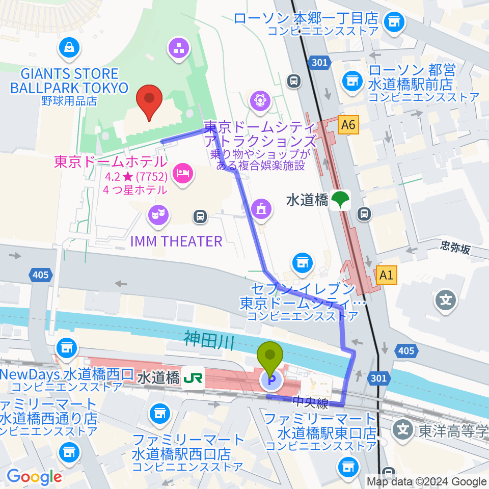 東京ドームシティプリズムホールの最寄駅水道橋駅からの徒歩ルート（約4分）地図