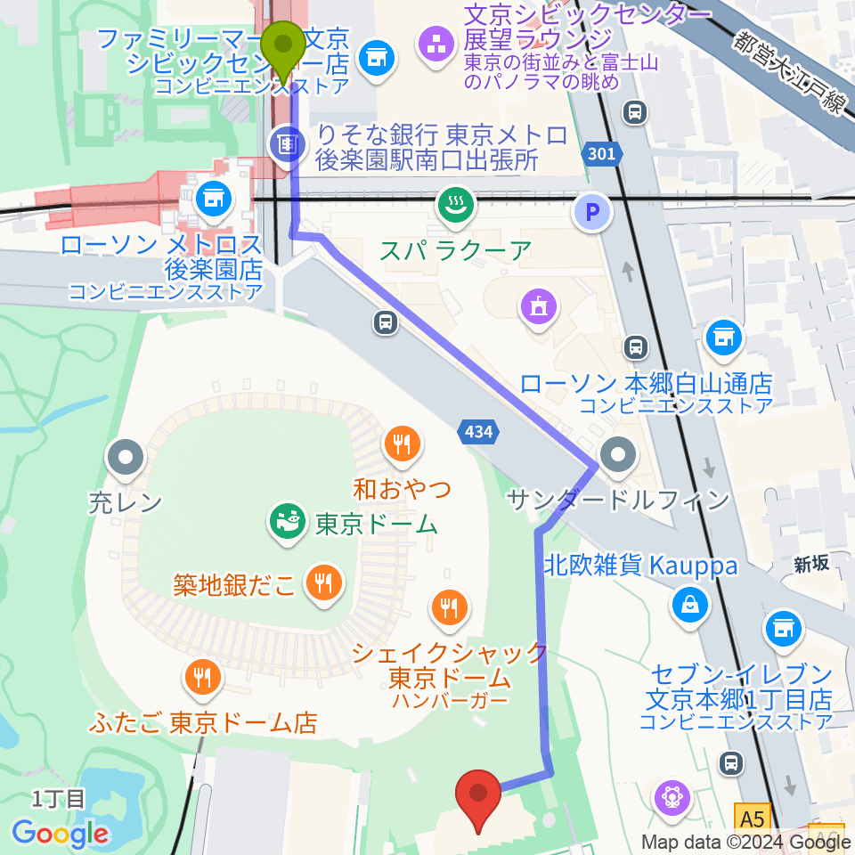 後楽園駅から東京ドームシティプリズムホールへのルートマップ地図