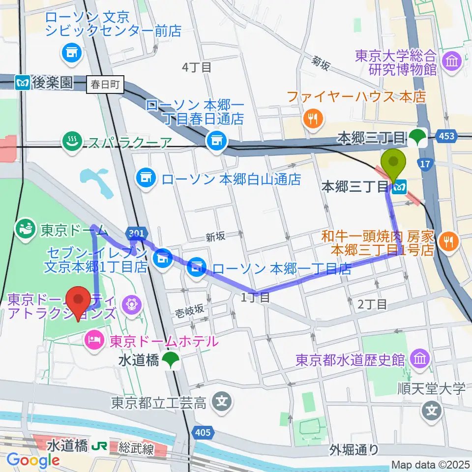 本郷三丁目駅から東京ドームシティプリズムホールへのルートマップ地図