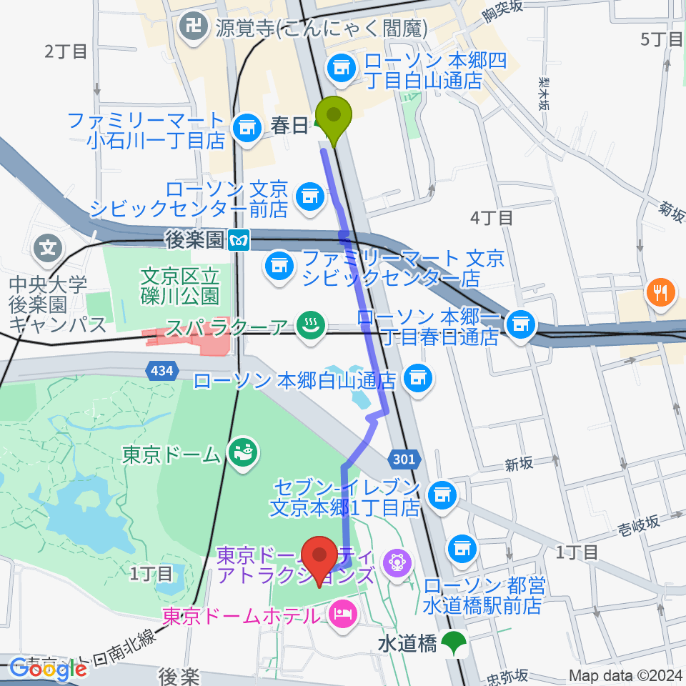 春日駅から東京ドームシティプリズムホールへのルートマップ地図