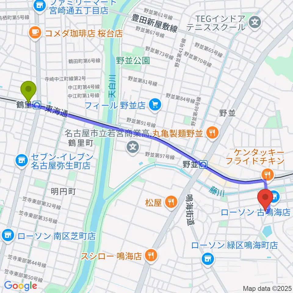 鶴里駅からEnchante音楽教室へのルートマップ地図