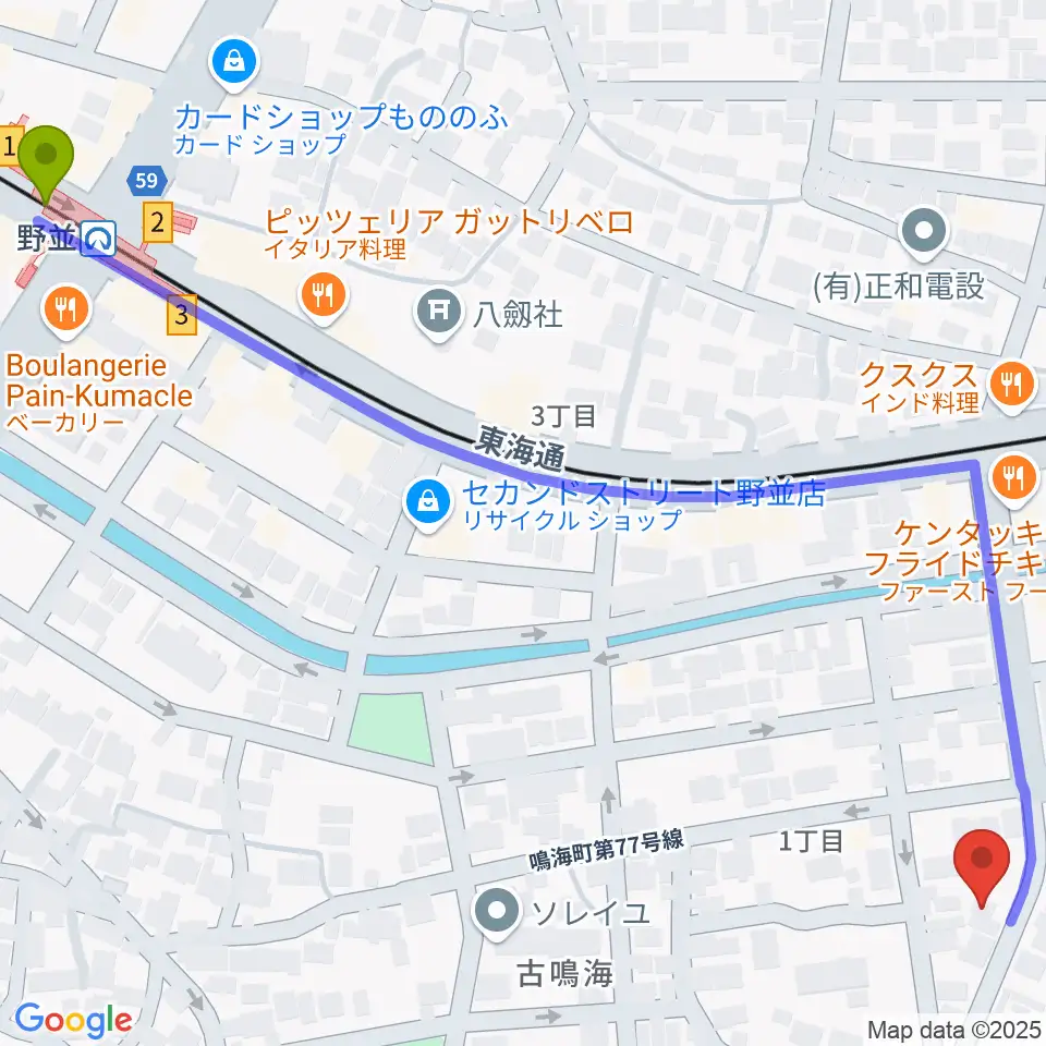 Enchante音楽教室の最寄駅野並駅からの徒歩ルート（約9分）地図