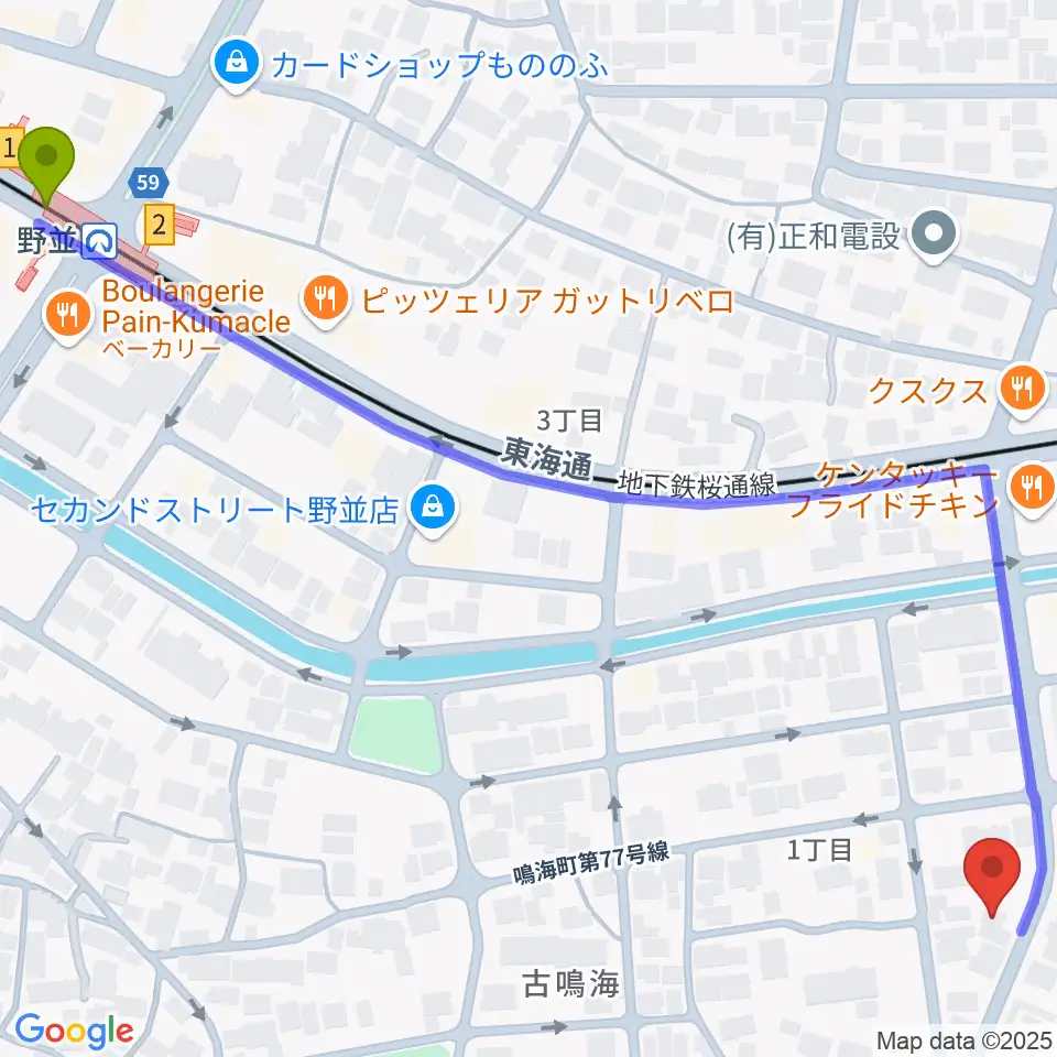 Enchante音楽教室の最寄駅野並駅からの徒歩ルート（約9分）地図