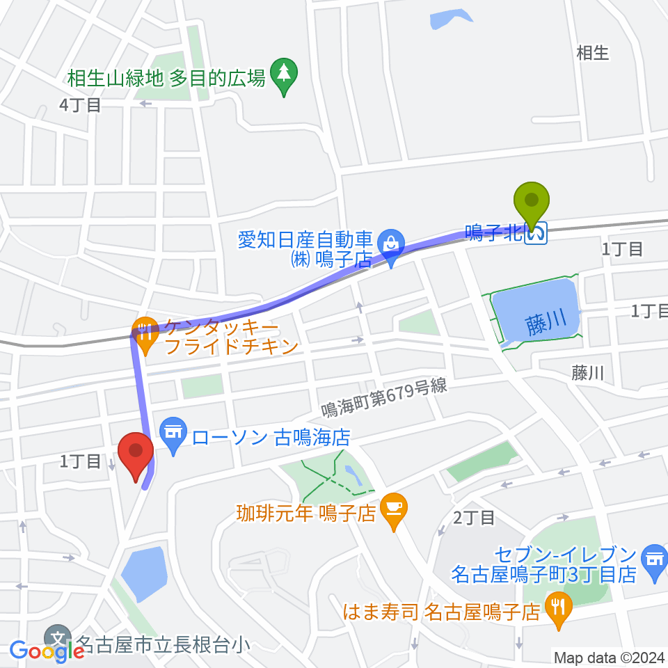 鳴子北駅からEnchante音楽教室へのルートマップ地図