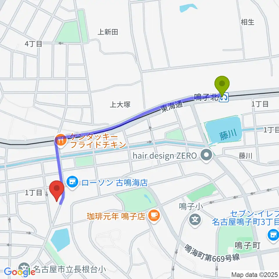 鳴子北駅からEnchante音楽教室へのルートマップ地図