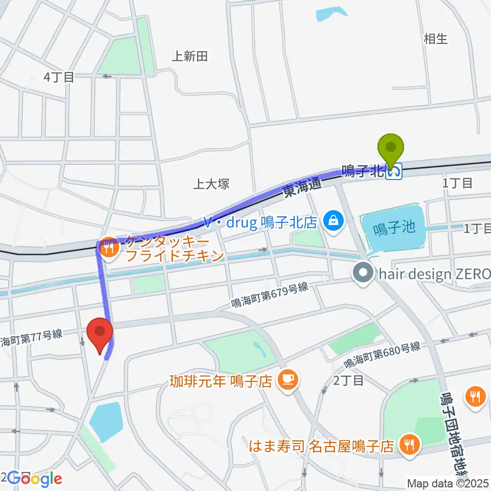 鳴子北駅からEnchante音楽教室へのルートマップ地図