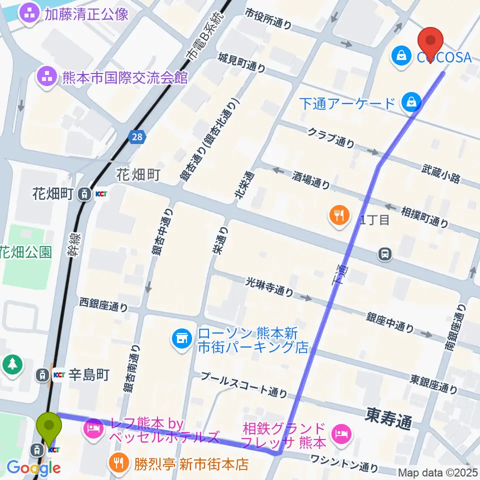 辛島町駅から島村楽器 COCOSA熊本店へのルートマップ地図