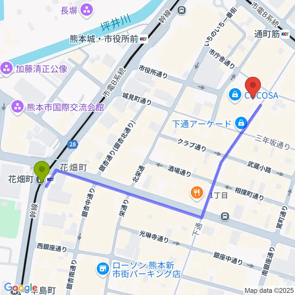花畑町駅から島村楽器 COCOSA熊本店へのルートマップ地図