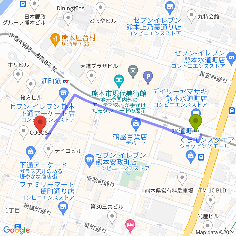 水道町駅から島村楽器 COCOSA熊本店へのルートマップ地図