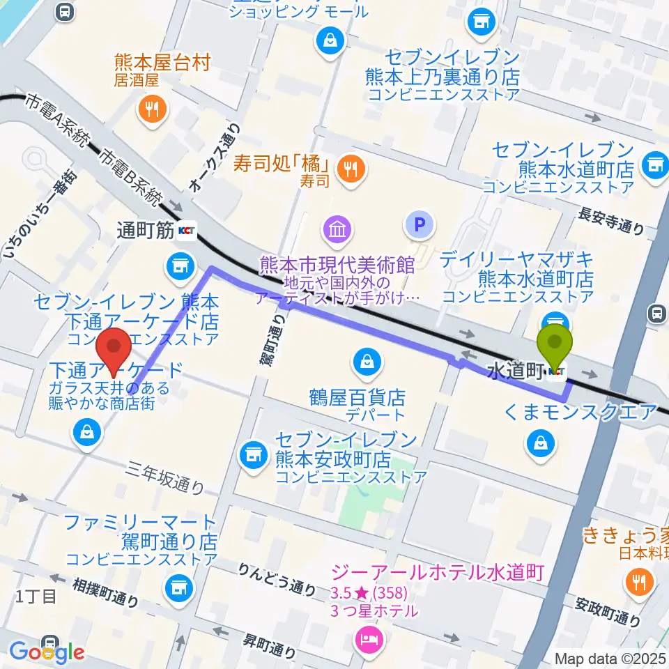 水道町駅から島村楽器 COCOSA熊本店へのルートマップ地図