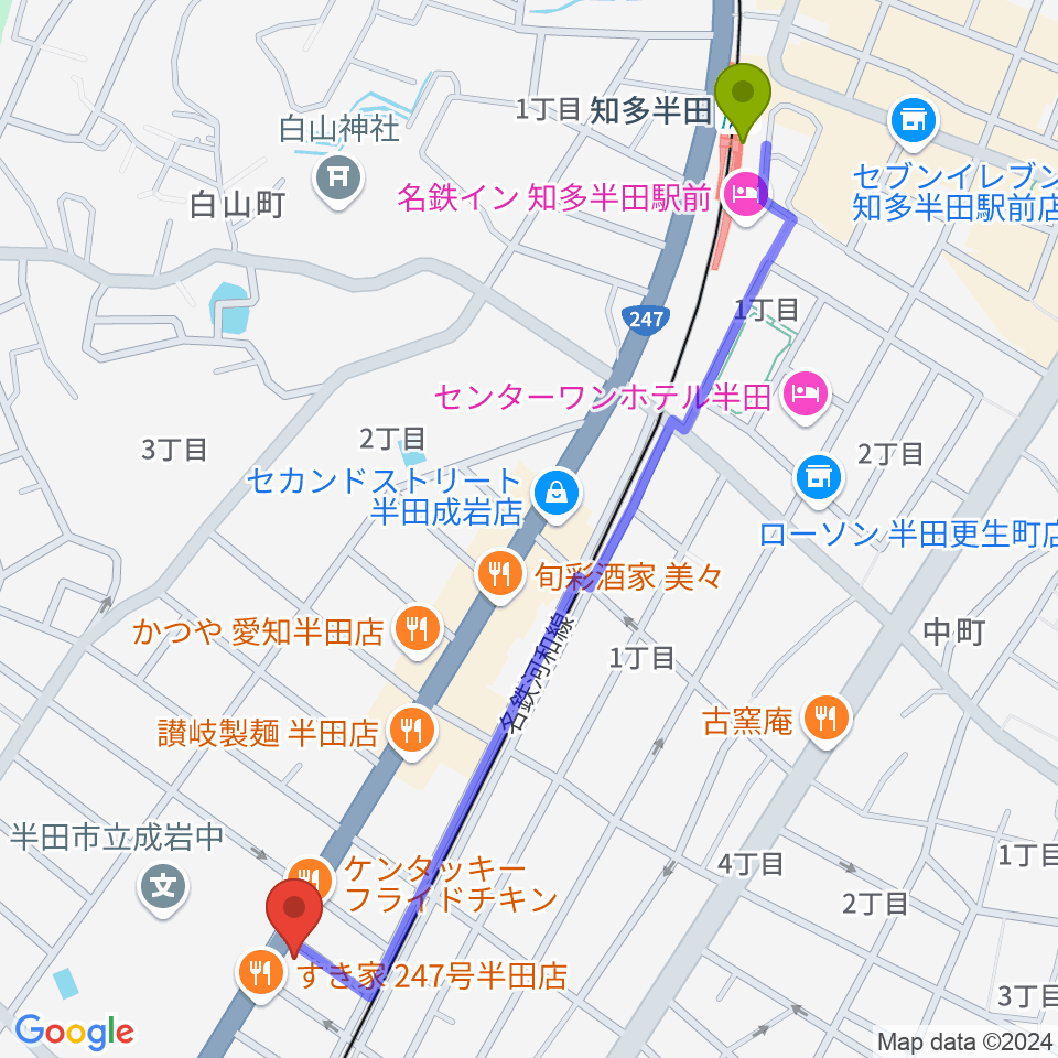 知多半田駅からJ.Pミュージックスクールへのルートマップ地図