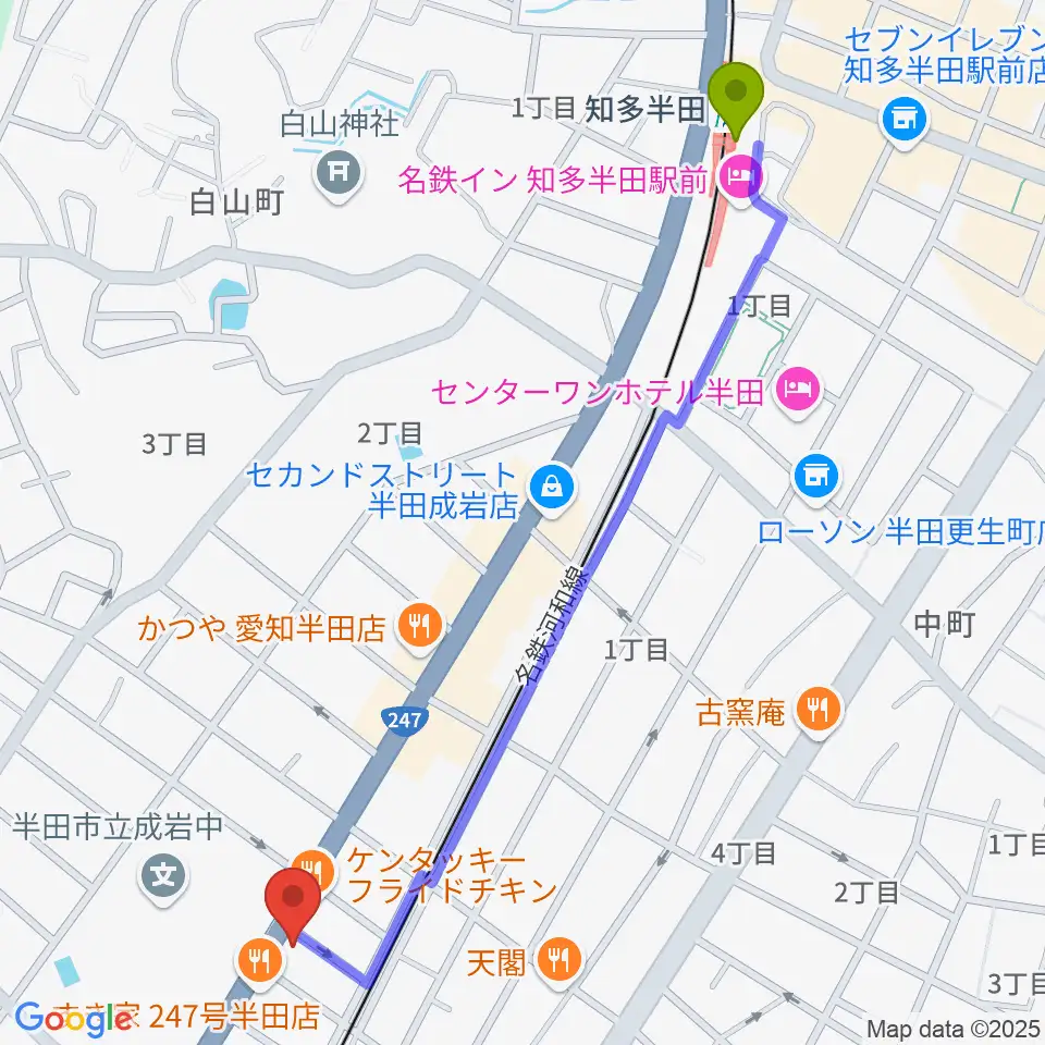 知多半田駅からJ.Pミュージックスクールへのルートマップ地図
