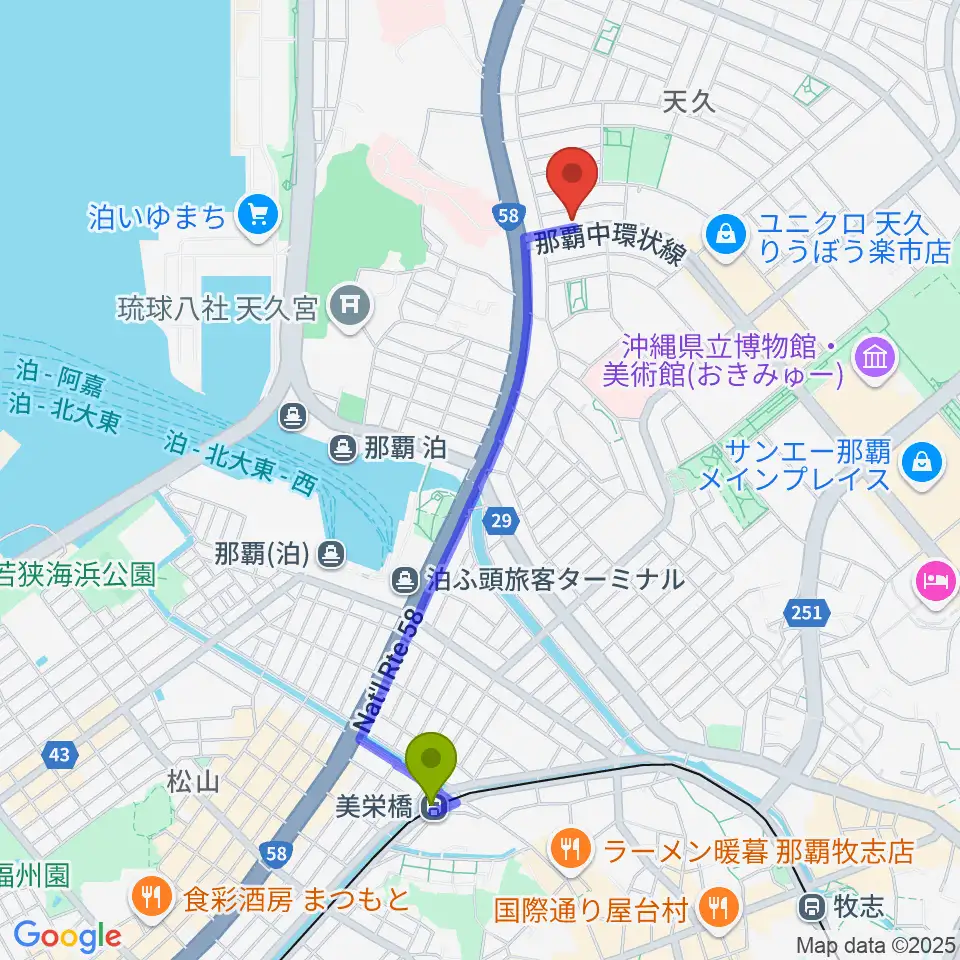 牧野哲仁ギター教室の最寄駅美栄橋駅からの徒歩ルート（約21分）地図