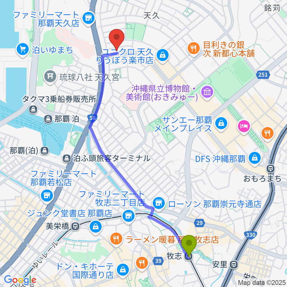 牧志駅から牧野哲仁ギター教室へのルートマップ地図