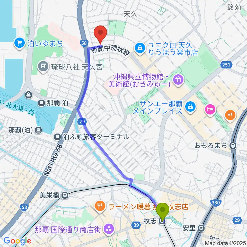 牧志駅から牧野哲仁ギター教室へのルートマップ地図