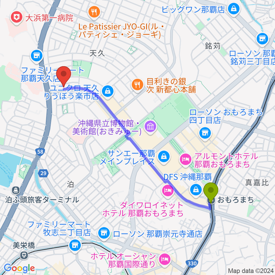 おもろまち駅から牧野哲仁ギター教室へのルートマップ地図