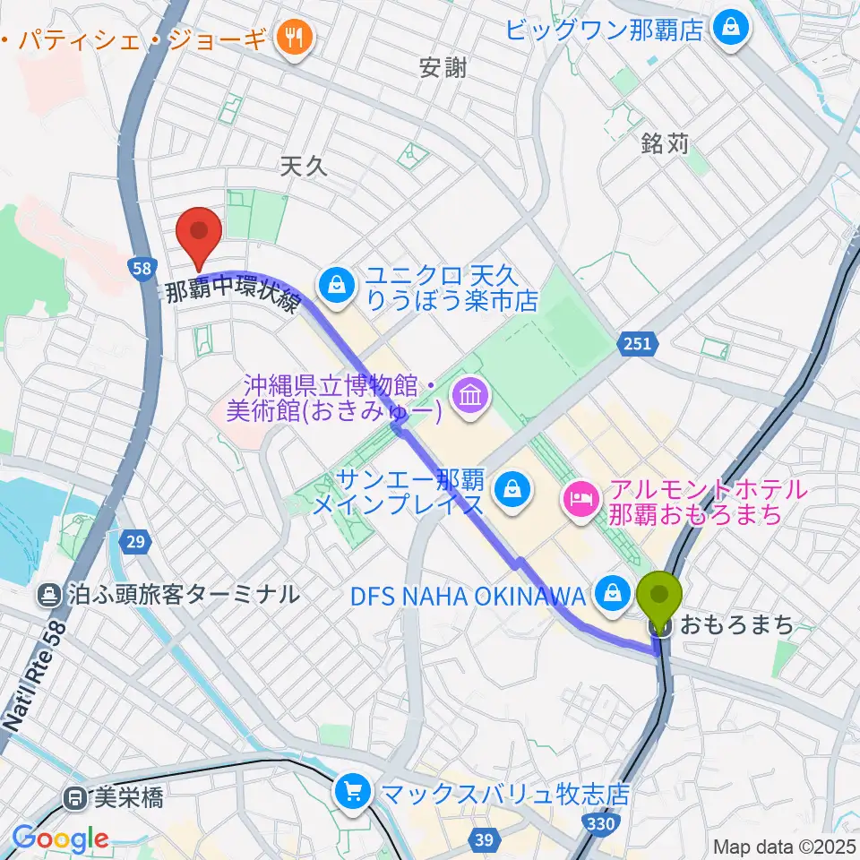 おもろまち駅から牧野哲仁ギター教室へのルートマップ地図