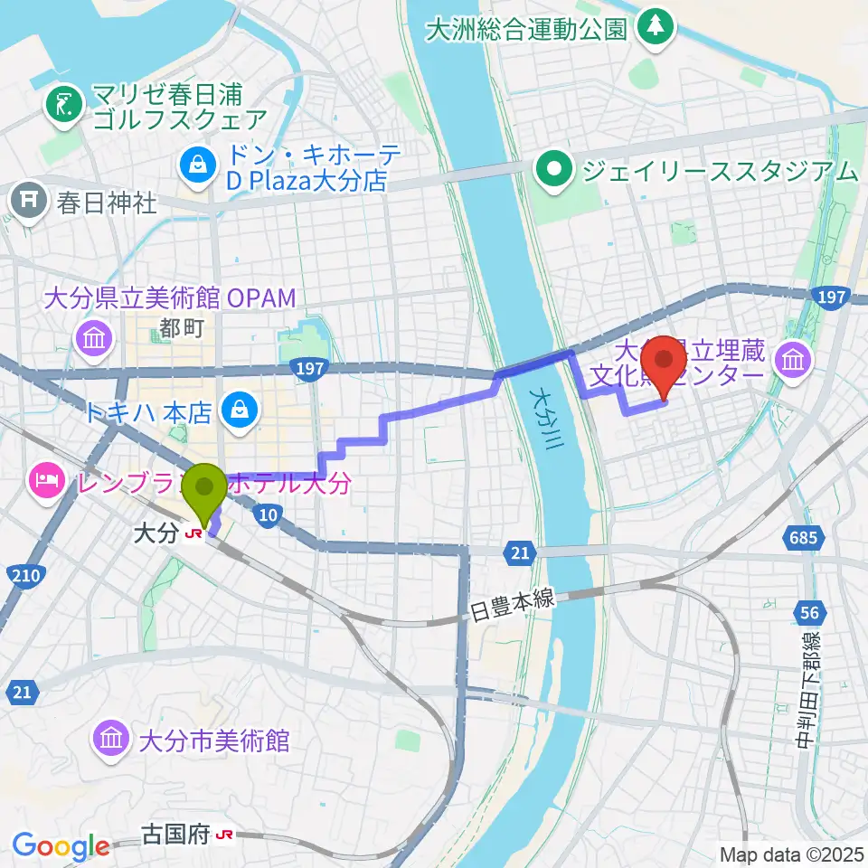 大分駅からミュージックホリデーへのルートマップ地図