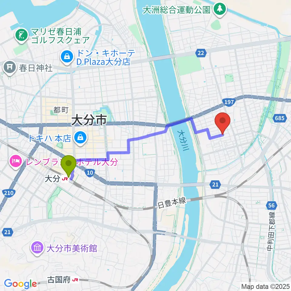 大分駅からミュージックホリデーへのルートマップ地図