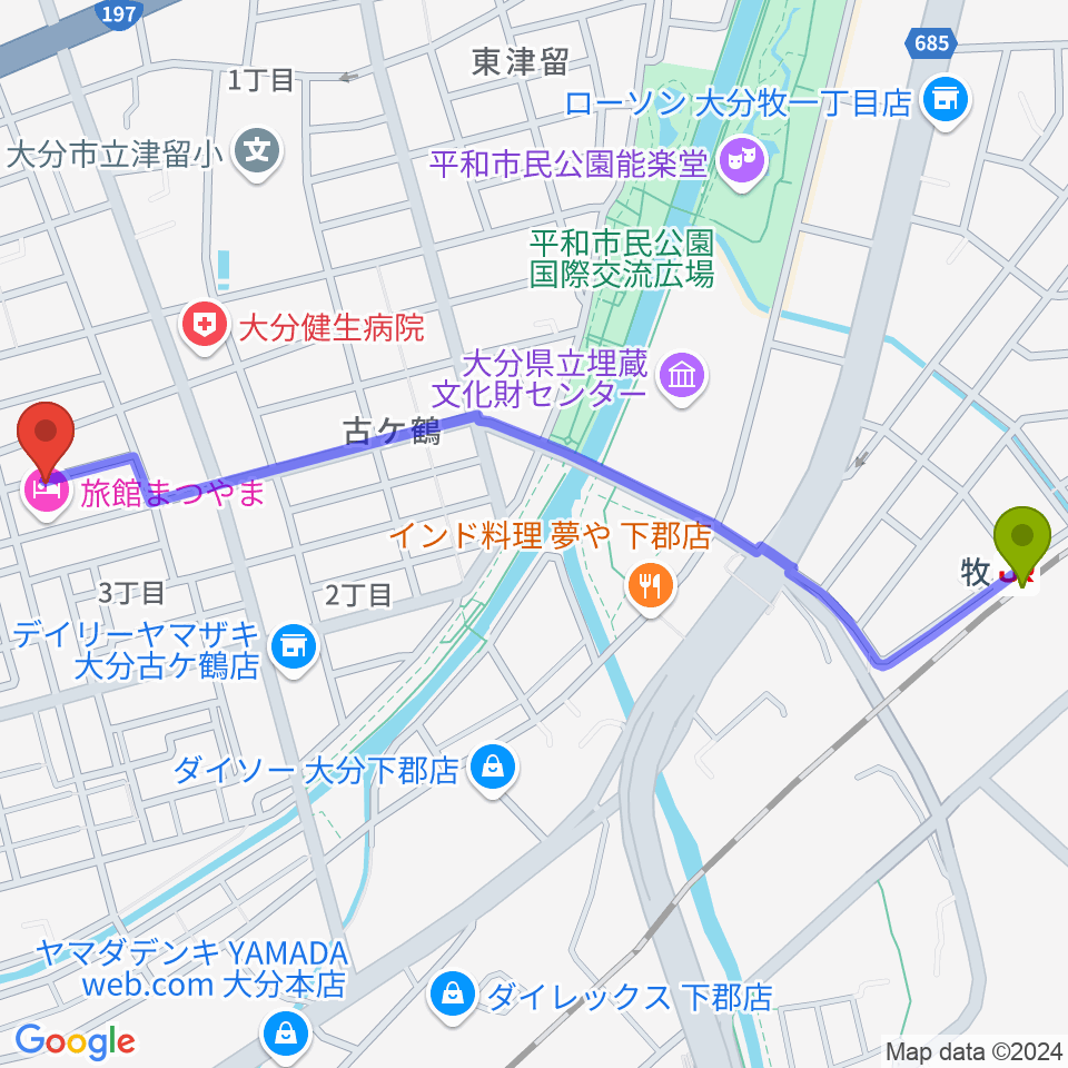 ミュージックホリデーの最寄駅牧駅からの徒歩ルート（約15分）地図