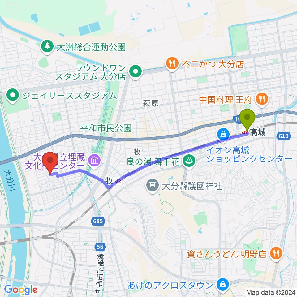 高城駅からミュージックホリデーへのルートマップ地図