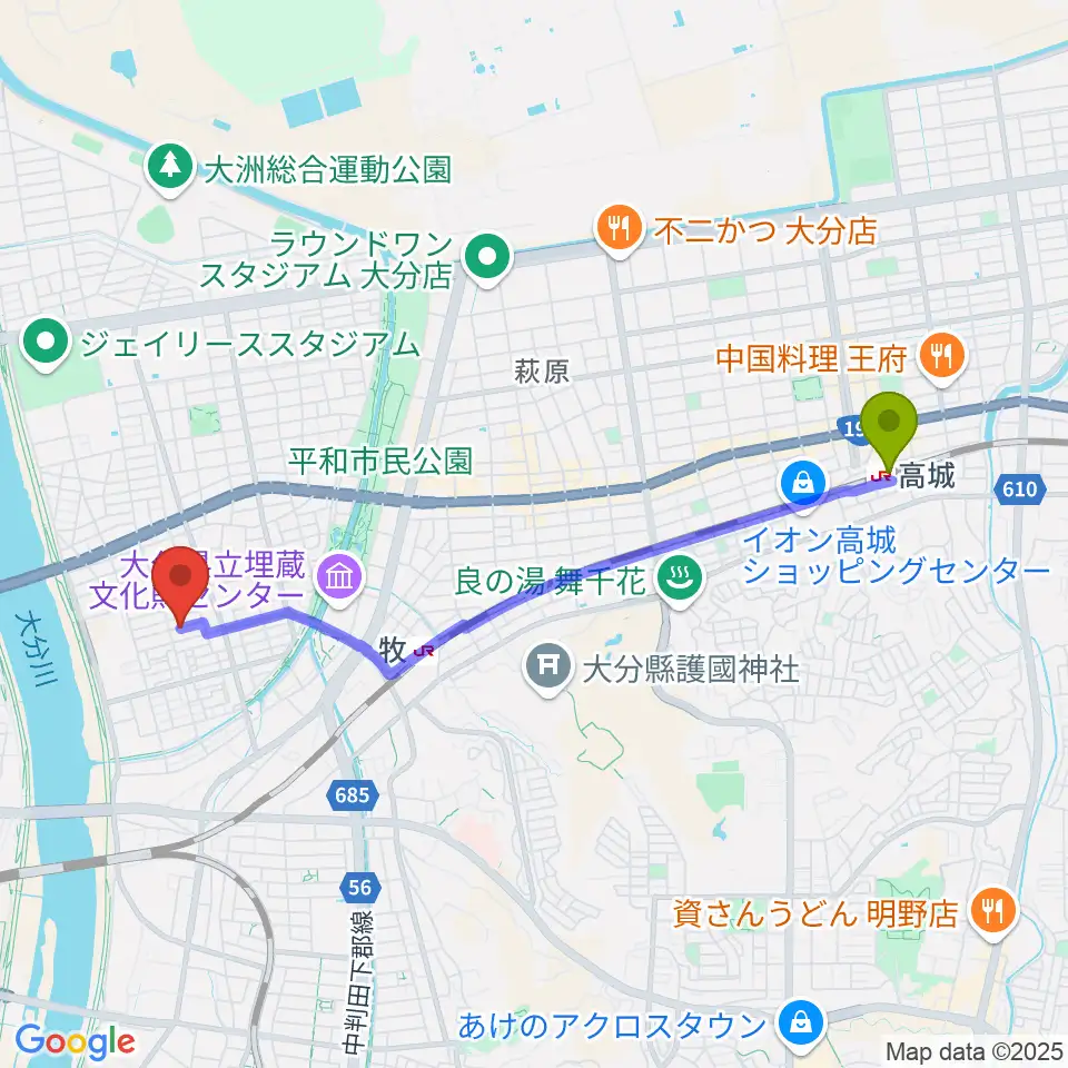 高城駅からミュージックホリデーへのルートマップ地図