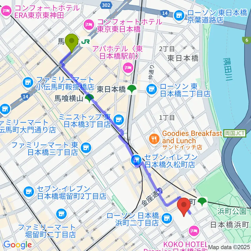 馬喰町駅から明治座へのルートマップ地図