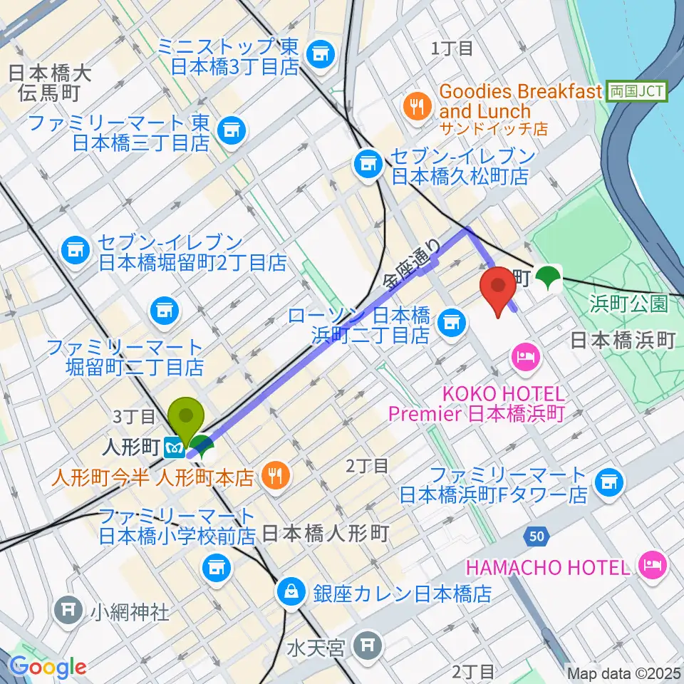 人形町駅から明治座へのルートマップ地図