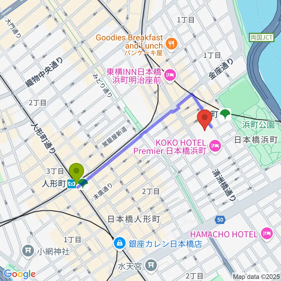 人形町駅から明治座へのルートマップ地図