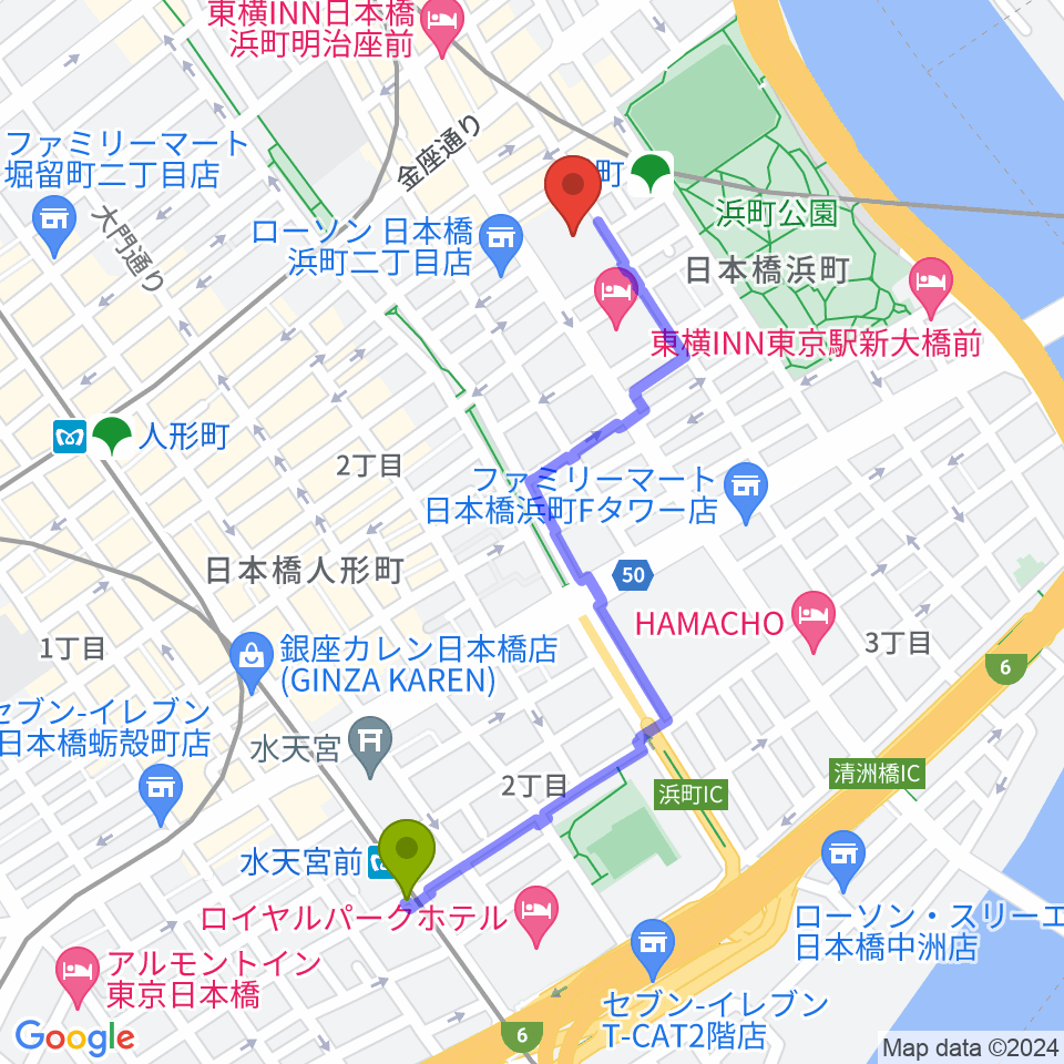 水天宮前駅から明治座へのルートマップ地図