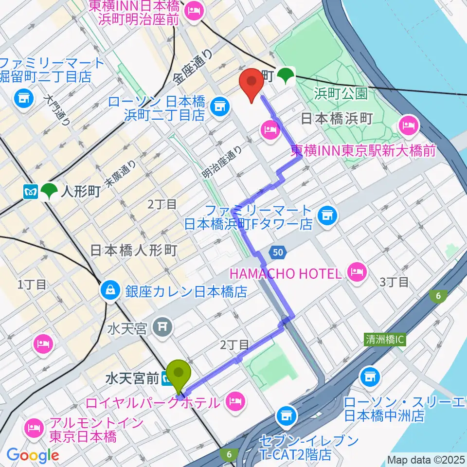 水天宮前駅から明治座へのルートマップ地図