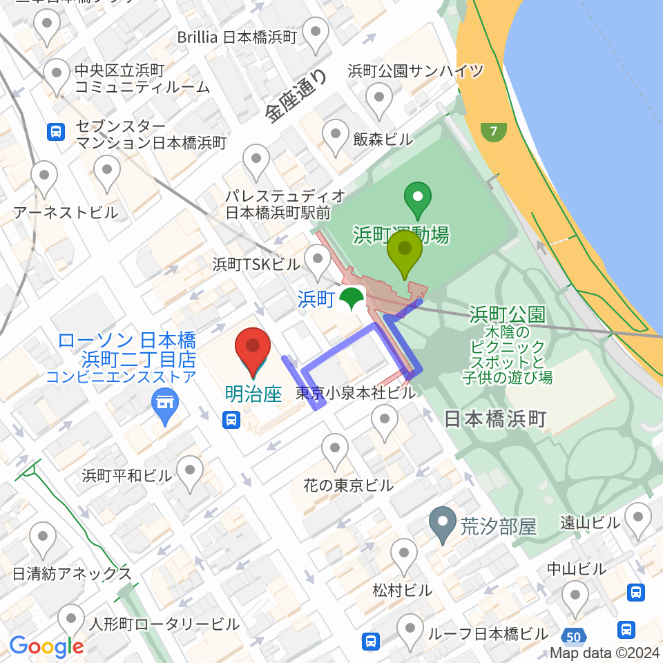 明治座の最寄駅浜町駅からの徒歩ルート（約2分）地図