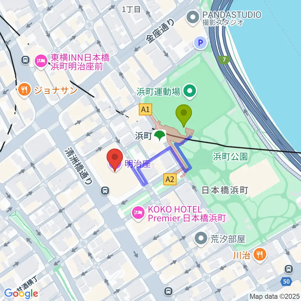 明治座の最寄駅浜町駅からの徒歩ルート（約2分）地図