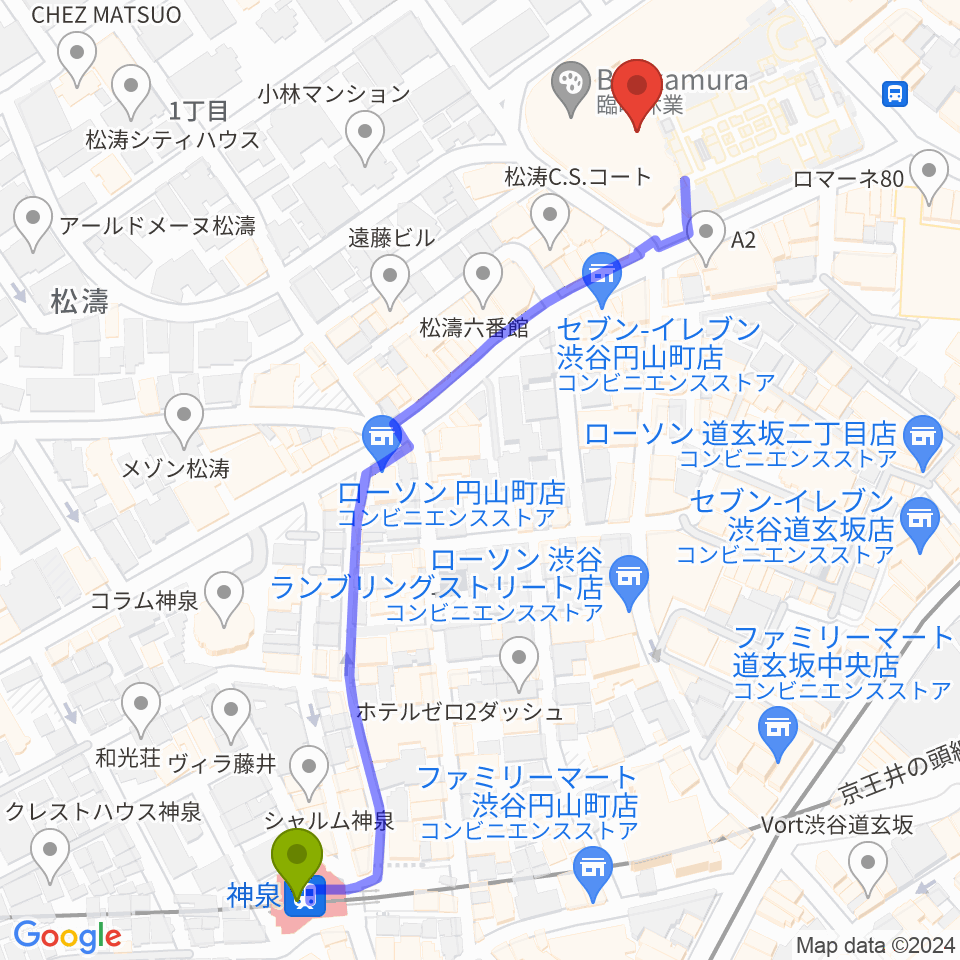 シアターコクーンの最寄駅神泉駅からの徒歩ルート（約7分）地図
