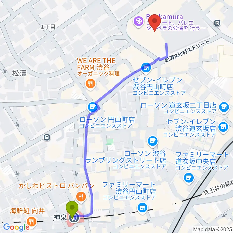 シアターコクーンの最寄駅神泉駅からの徒歩ルート（約7分）地図