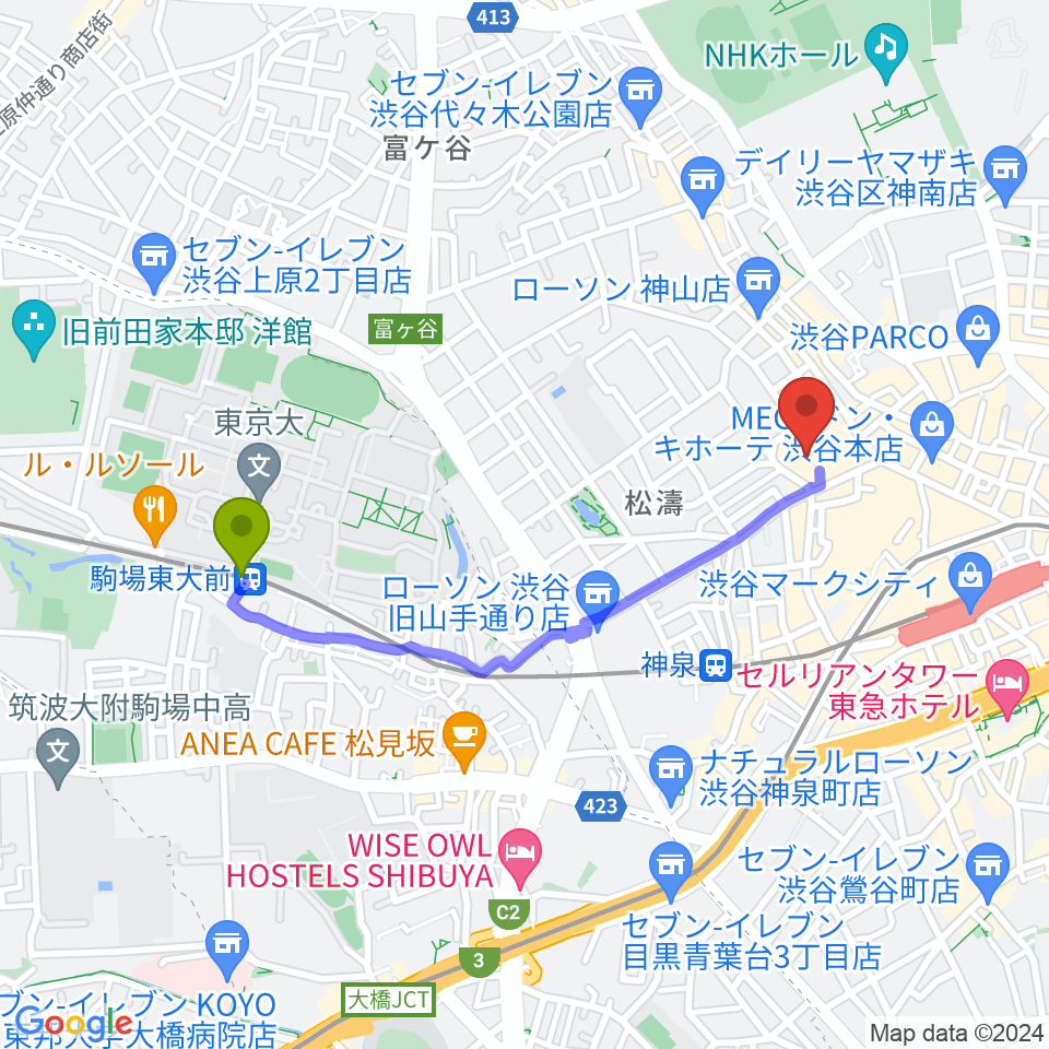 駒場東大前駅からシアターコクーンへのルートマップ地図