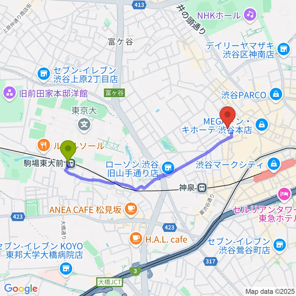 駒場東大前駅からシアターコクーンへのルートマップ地図