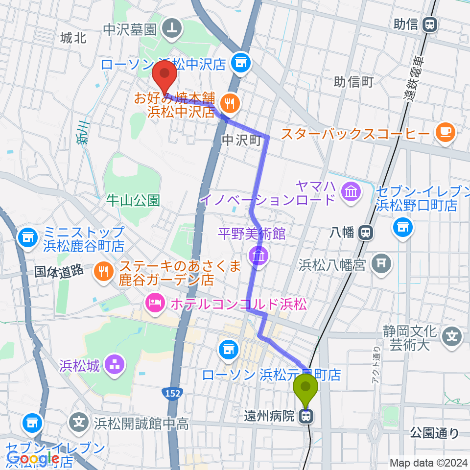 遠州病院駅からさくらギター教室へのルートマップ地図