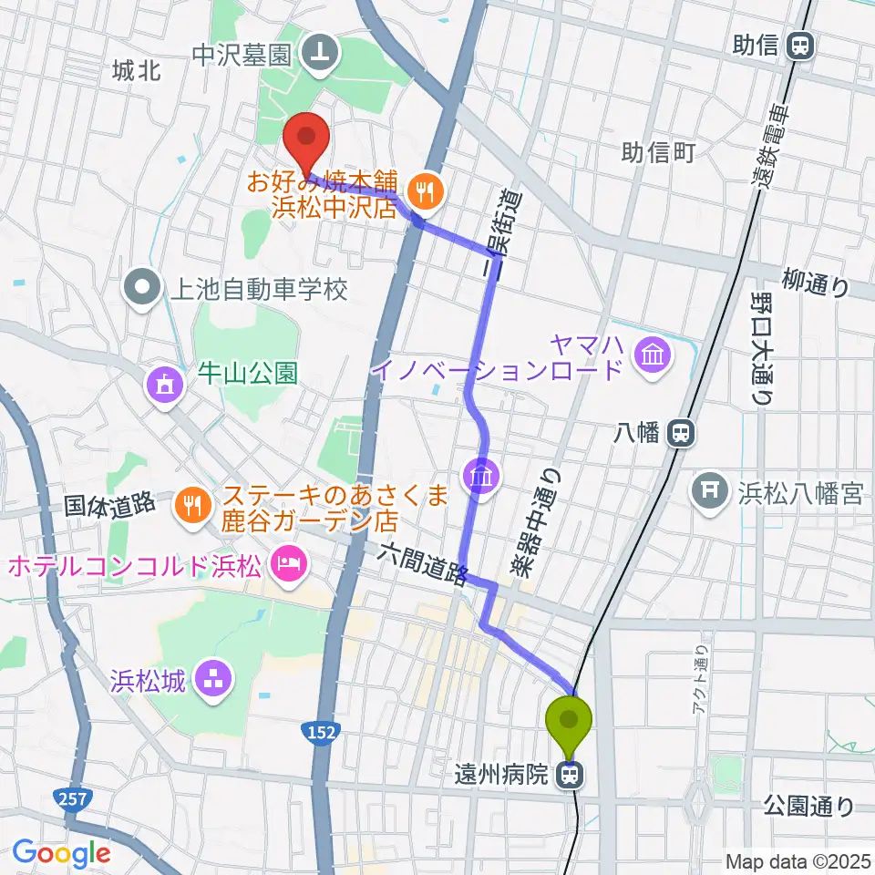 遠州病院駅からさくらギター教室へのルートマップ地図