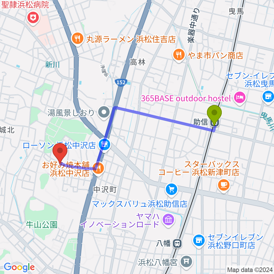 助信駅からさくらギター教室へのルートマップ地図